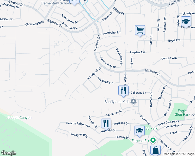 map of restaurants, bars, coffee shops, grocery stores, and more near 1641 Via Sevilla Street in Corona