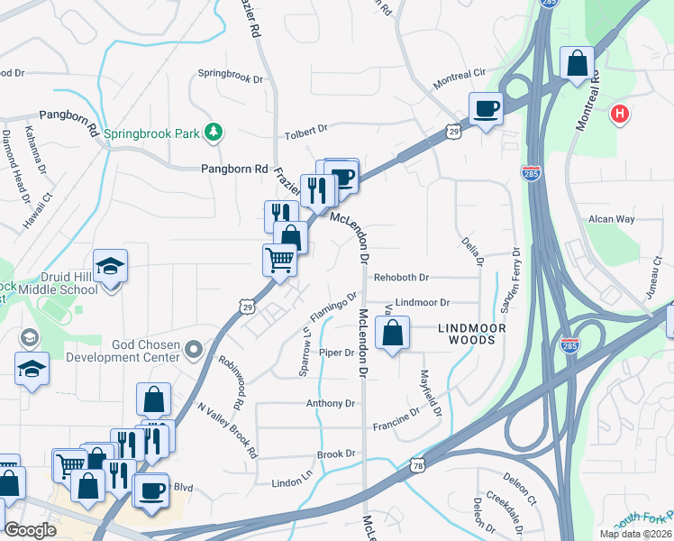 map of restaurants, bars, coffee shops, grocery stores, and more near 1373 Camden Walk in Decatur