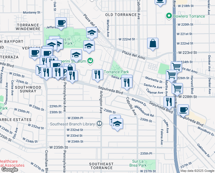map of restaurants, bars, coffee shops, grocery stores, and more near 2189 Sepulveda Boulevard in Torrance