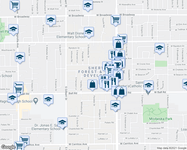 map of restaurants, bars, coffee shops, grocery stores, and more near 2279 West Vancouver Drive in Anaheim