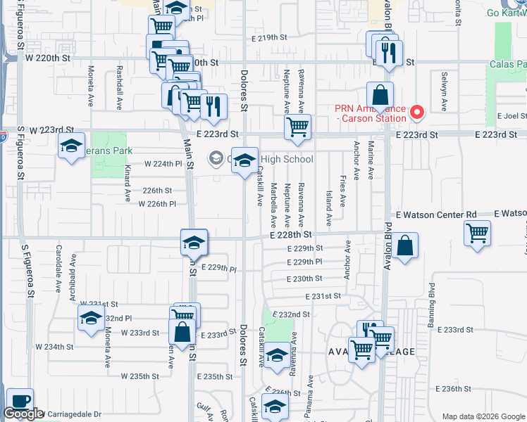 map of restaurants, bars, coffee shops, grocery stores, and more near 22702 Marbella Avenue in Carson