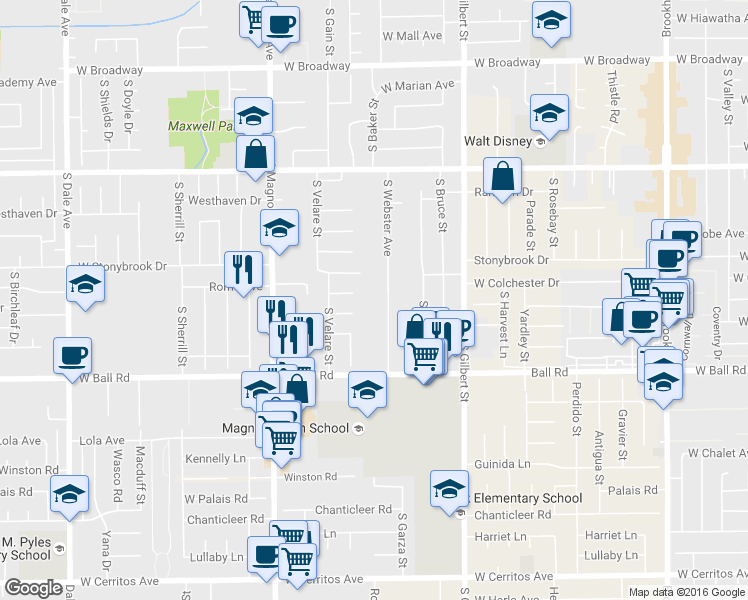 map of restaurants, bars, coffee shops, grocery stores, and more near 821 Webster Ave in Anaheim
