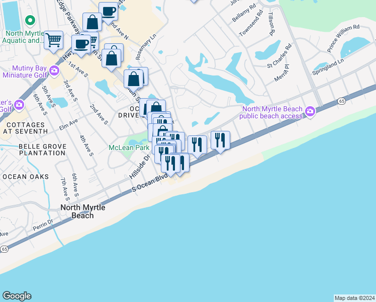map of restaurants, bars, coffee shops, grocery stores, and more near 213 2nd Avenue North in North Myrtle Beach