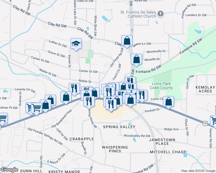 map of restaurants, bars, coffee shops, grocery stores, and more near 844 Fontaine Road Southwest in Mableton