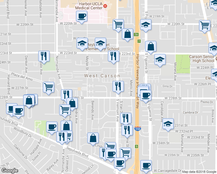 map of restaurants, bars, coffee shops, grocery stores, and more near 22606 Doble Avenue in Torrance
