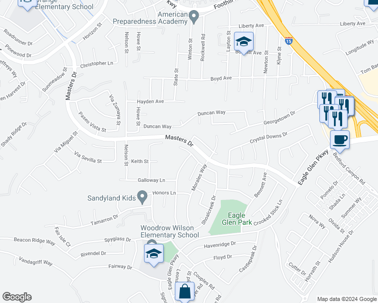 map of restaurants, bars, coffee shops, grocery stores, and more near 1773 Riverstone Street in Corona