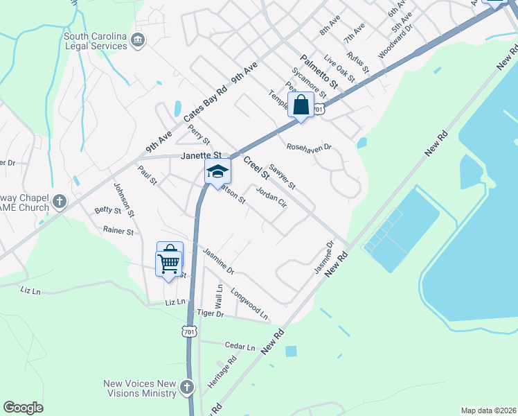 map of restaurants, bars, coffee shops, grocery stores, and more near 306 Watson Street in Conway