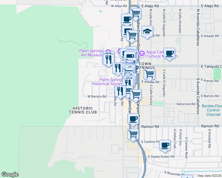 map of restaurants, bars, coffee shops, grocery stores, and more near 226 South Lugo Road in Palm Springs