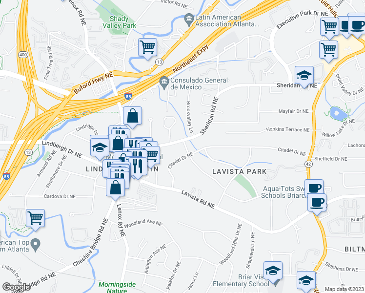 map of restaurants, bars, coffee shops, grocery stores, and more near 1247 Sheridan Road Northeast in Atlanta