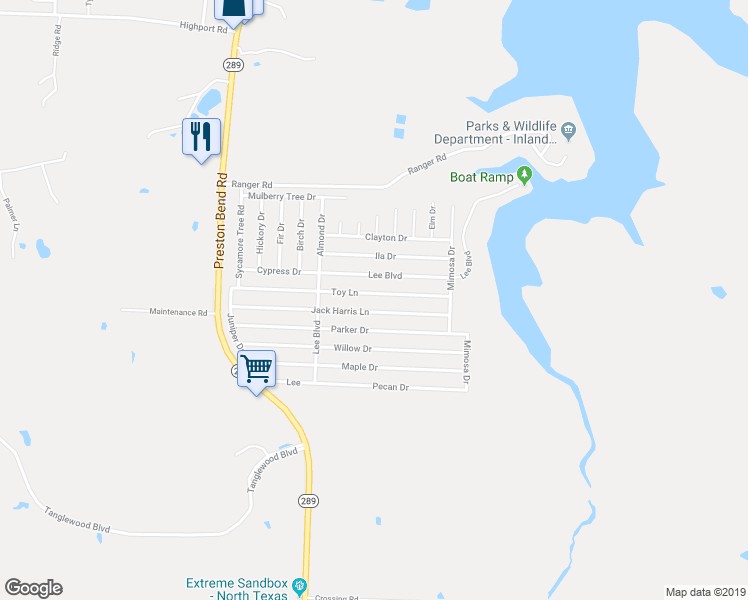 map of restaurants, bars, coffee shops, grocery stores, and more near 352 Toy Lane in Pottsboro