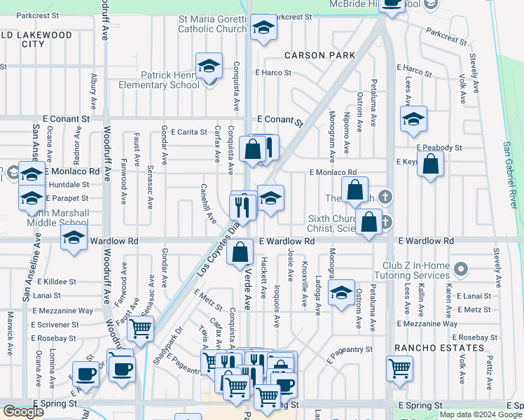 map of restaurants, bars, coffee shops, grocery stores, and more near 3447 Hackett Avenue in Long Beach
