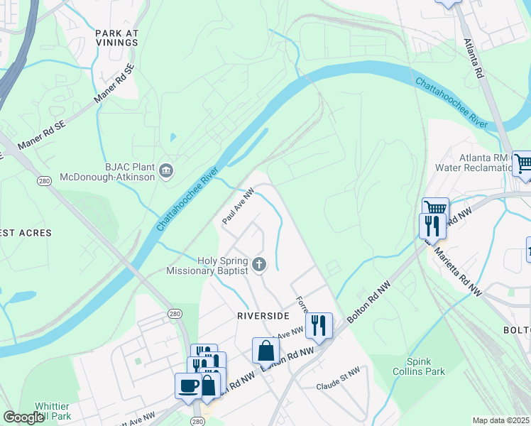 map of restaurants, bars, coffee shops, grocery stores, and more near 2383 Bernard Road Northwest in Atlanta