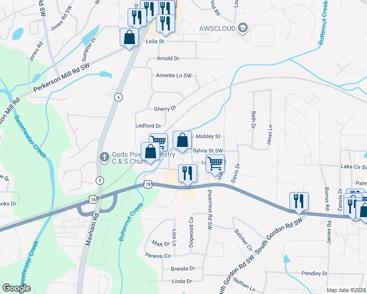 map of restaurants, bars, coffee shops, grocery stores, and more near 5490 June Drive Southwest in Austell