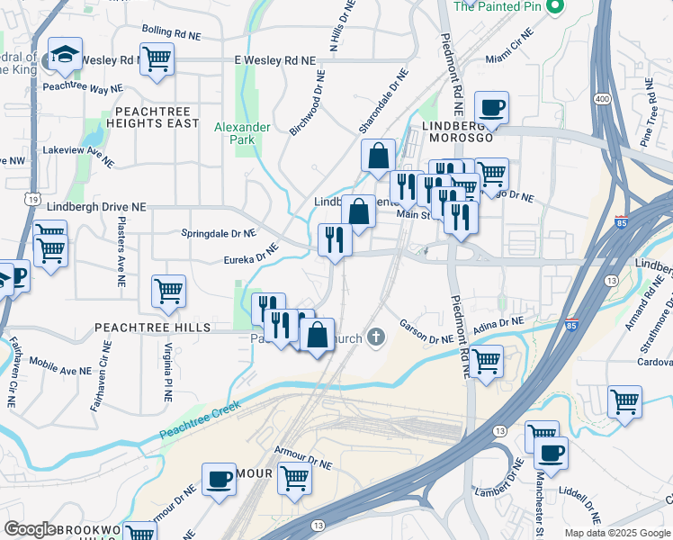 map of restaurants, bars, coffee shops, grocery stores, and more near 365 Peachtree Hills Avenue Northeast in Atlanta