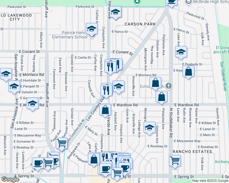 map of restaurants, bars, coffee shops, grocery stores, and more near 3447 Hackett Avenue in Long Beach