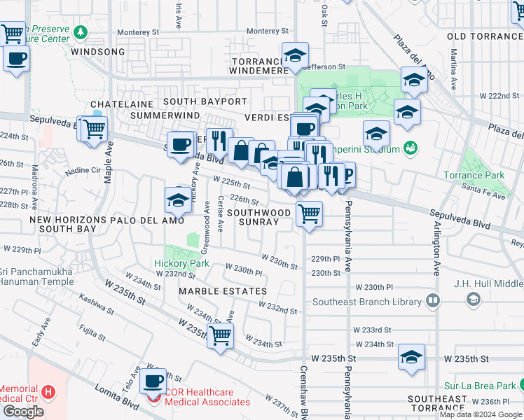 map of restaurants, bars, coffee shops, grocery stores, and more near 2602 West 226th Street in Torrance