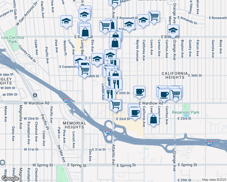 map of restaurants, bars, coffee shops, grocery stores, and more near 3508 Atlantic Avenue in Long Beach