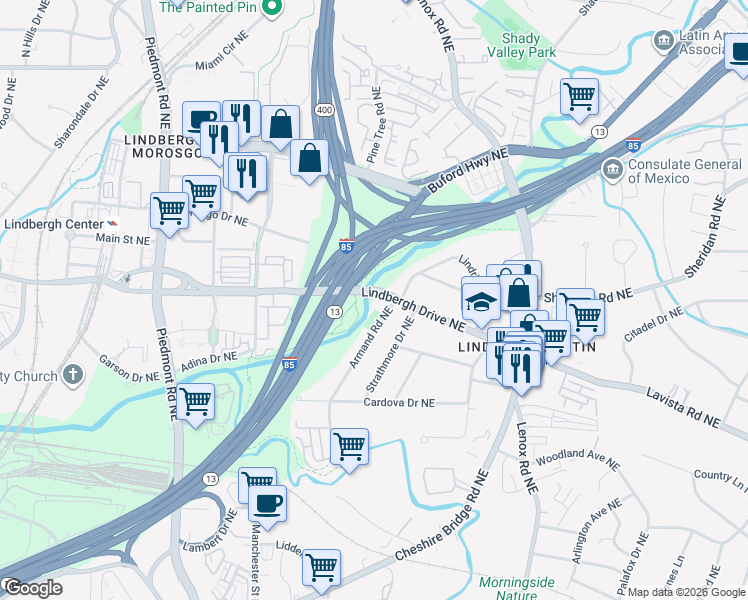 map of restaurants, bars, coffee shops, grocery stores, and more near 903 Lindbergh Drive Northeast in Atlanta