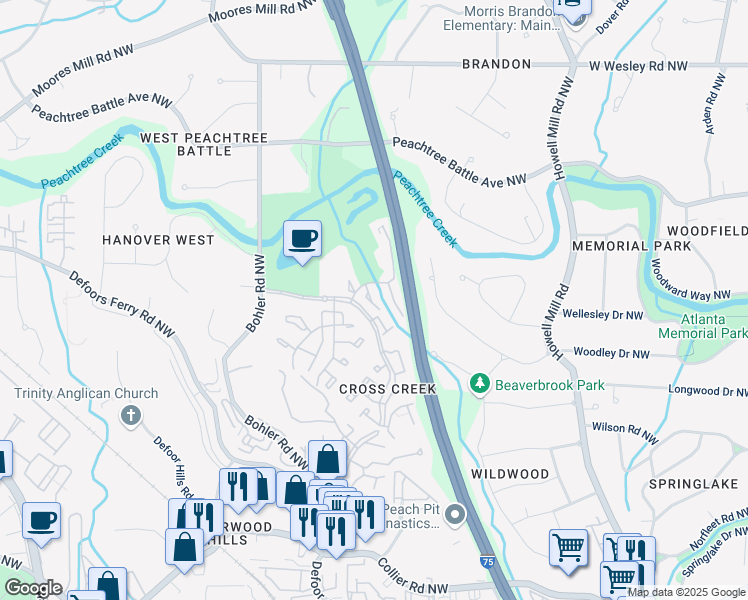 map of restaurants, bars, coffee shops, grocery stores, and more near 44 Monet Court Northwest in Atlanta