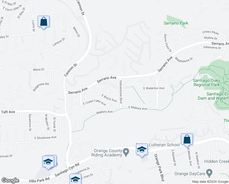 map of restaurants, bars, coffee shops, grocery stores, and more near 6021 East Shenandoah Avenue in Orange