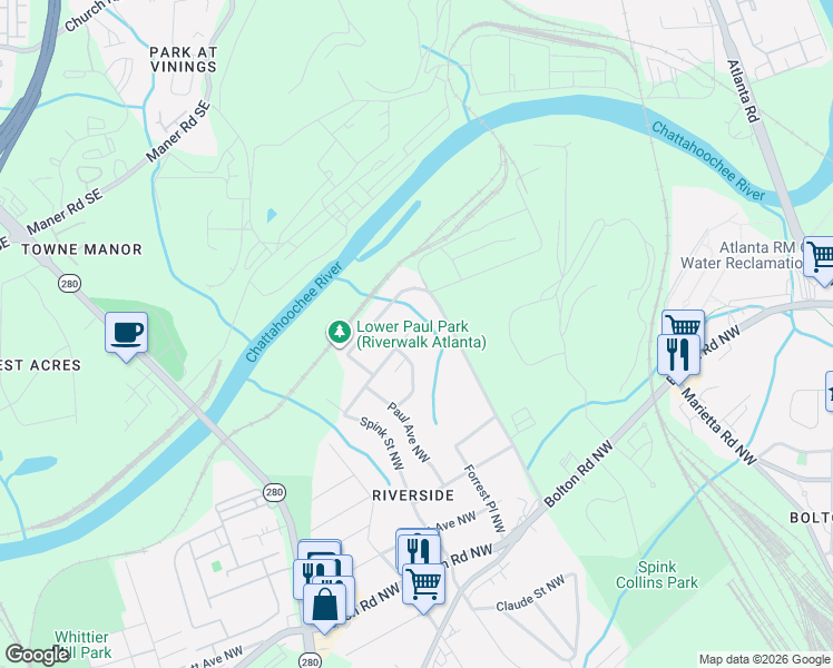 map of restaurants, bars, coffee shops, grocery stores, and more near 2383 Bernard Road Northwest in Atlanta