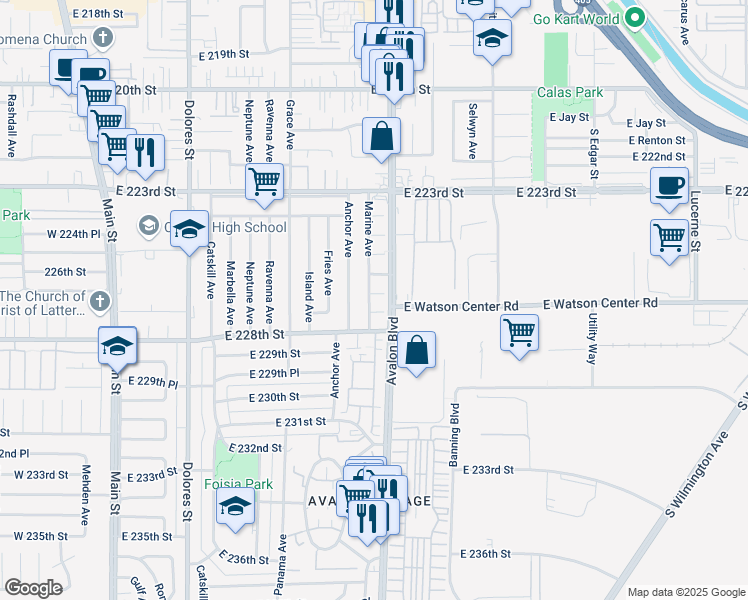 map of restaurants, bars, coffee shops, grocery stores, and more near 602 East 226th Place in Carson