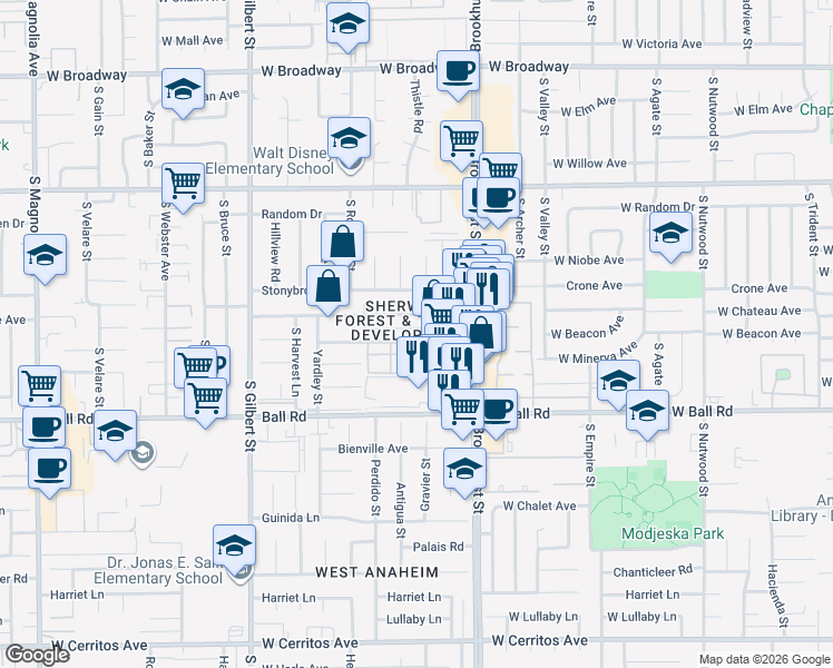 map of restaurants, bars, coffee shops, grocery stores, and more near 2245 West Vancouver Drive in Anaheim