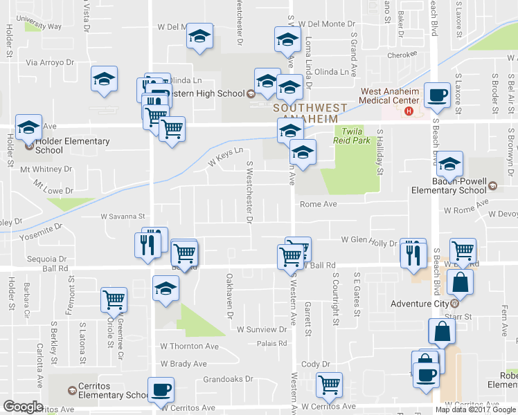 map of restaurants, bars, coffee shops, grocery stores, and more near 819 Courson Drive in Anaheim