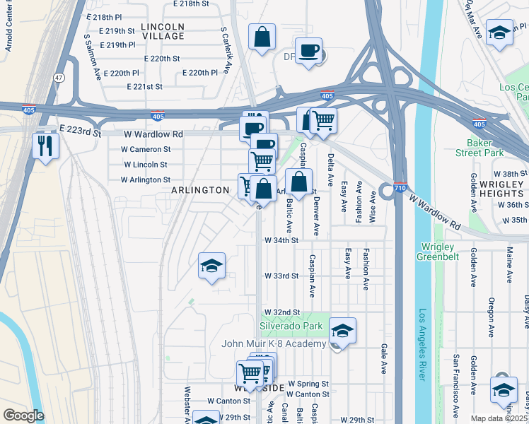 map of restaurants, bars, coffee shops, grocery stores, and more near 3510 Santa Fe Avenue in Long Beach