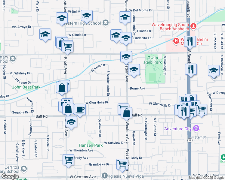 map of restaurants, bars, coffee shops, grocery stores, and more near 819 Courson Drive in Anaheim