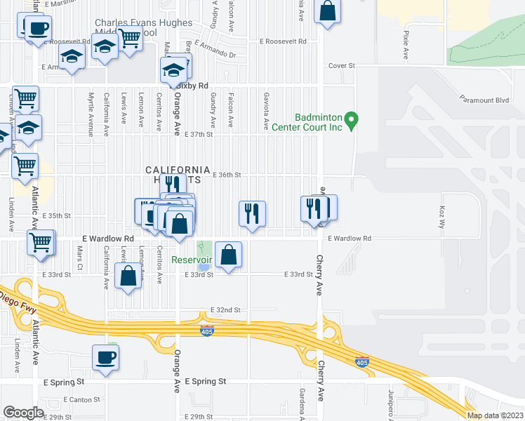 map of restaurants, bars, coffee shops, grocery stores, and more near 3495 Gaviota Avenue in Long Beach