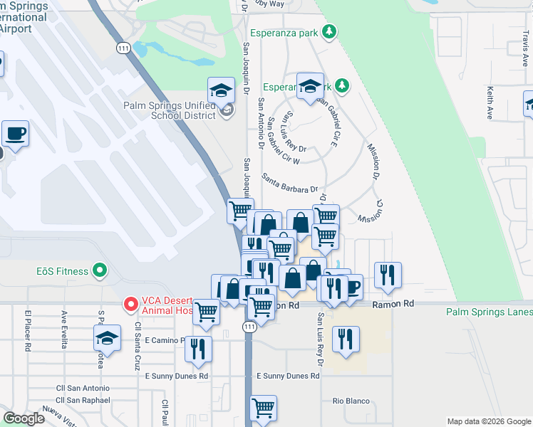 map of restaurants, bars, coffee shops, grocery stores, and more near 31390 San Antonio Drive in Cathedral City