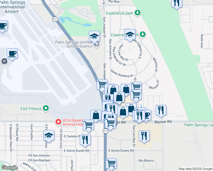 map of restaurants, bars, coffee shops, grocery stores, and more near 31392 San Joaquin Drive in Cathedral City
