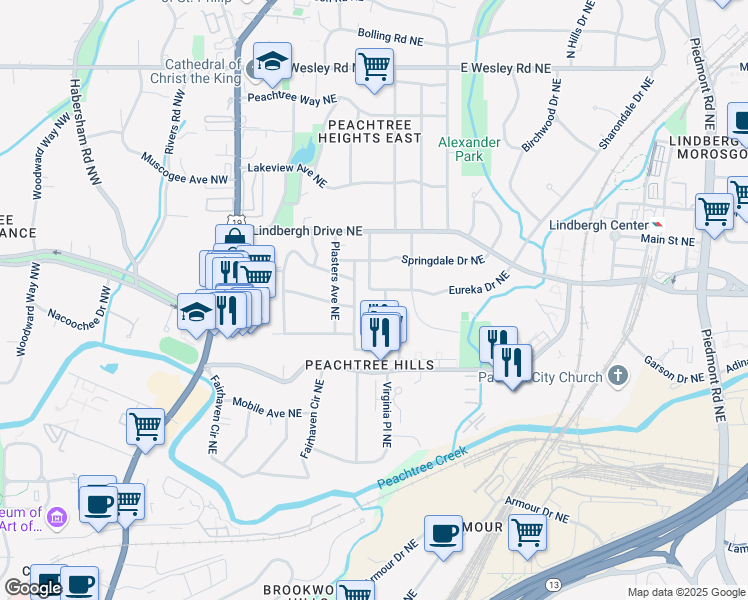 map of restaurants, bars, coffee shops, grocery stores, and more near 181 Eureka Drive Northeast in Atlanta