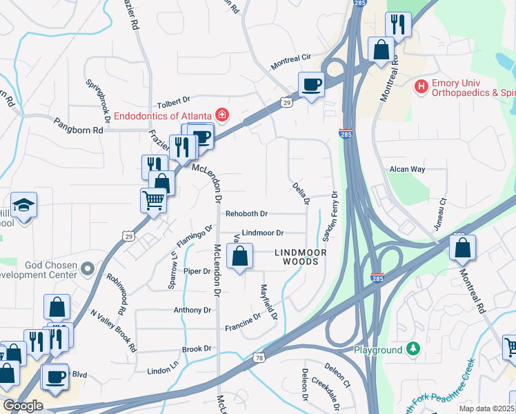 map of restaurants, bars, coffee shops, grocery stores, and more near 3200 Rehoboth Drive in Decatur
