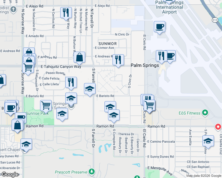 map of restaurants, bars, coffee shops, grocery stores, and more near 189 Vibe Way in Palm Springs
