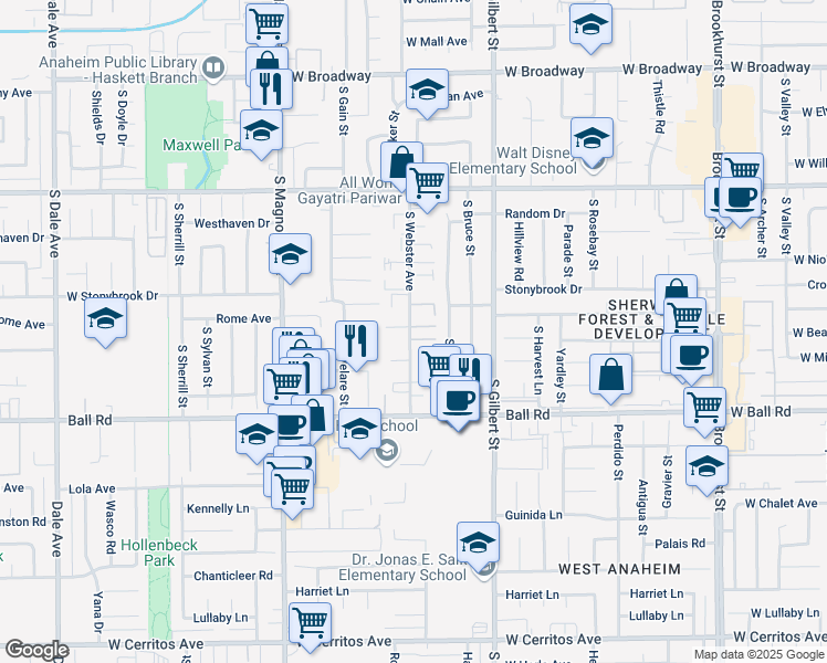 map of restaurants, bars, coffee shops, grocery stores, and more near 820 S Webster Ave in Anaheim