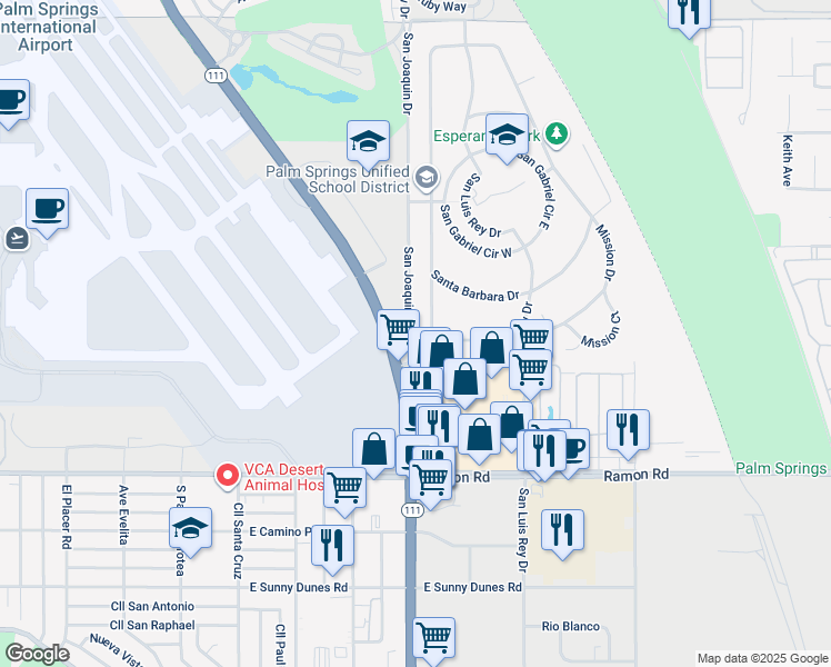 map of restaurants, bars, coffee shops, grocery stores, and more near 31392 San Joaquin Drive in Cathedral City