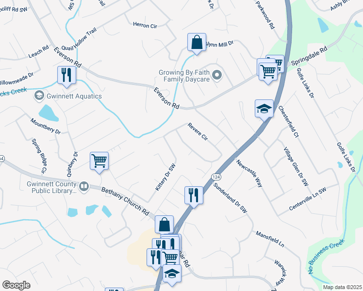 map of restaurants, bars, coffee shops, grocery stores, and more near 3045 Revere Circle in Snellville