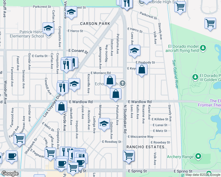 map of restaurants, bars, coffee shops, grocery stores, and more near 6803 East Parapet Street in Long Beach
