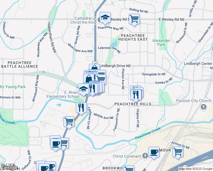 map of restaurants, bars, coffee shops, grocery stores, and more near 2398 Glenwood Drive Northeast in Atlanta