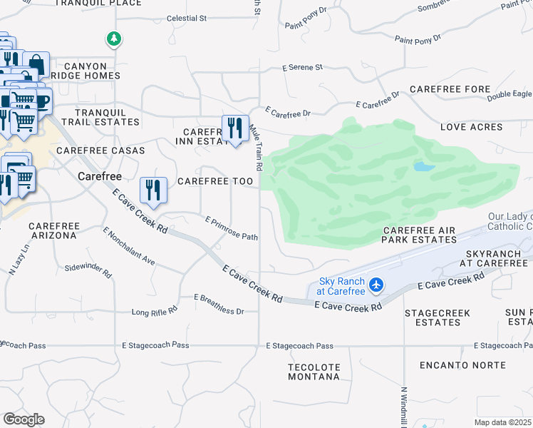 map of restaurants, bars, coffee shops, grocery stores, and more near 36601 Mule Train Road in Carefree