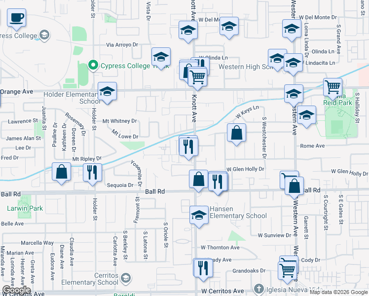 map of restaurants, bars, coffee shops, grocery stores, and more near 3515 West Savanna Street in Anaheim