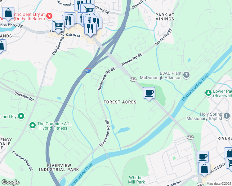 map of restaurants, bars, coffee shops, grocery stores, and more near 2341 Elmwood Circle Southeast in Atlanta
