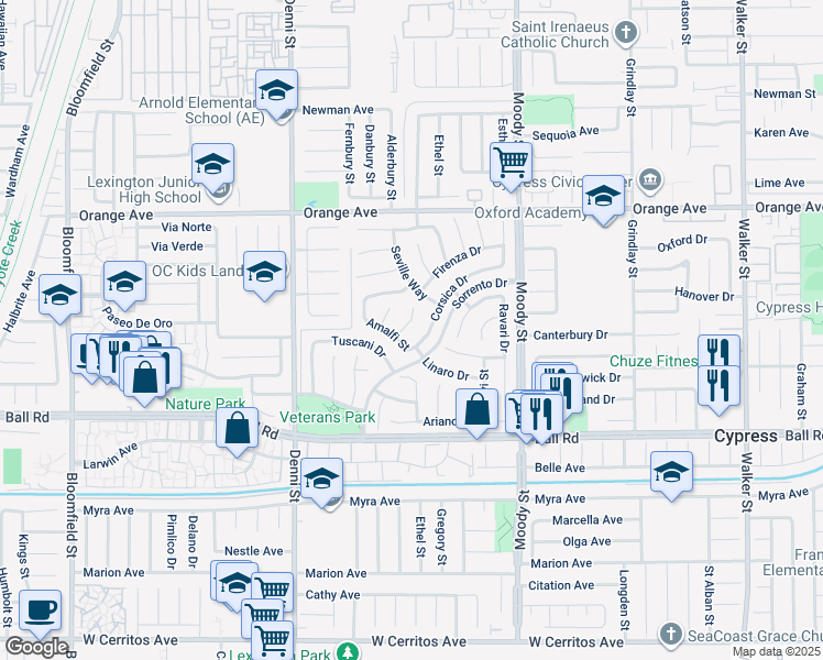 map of restaurants, bars, coffee shops, grocery stores, and more near 9744 Lipari Circle in Cypress