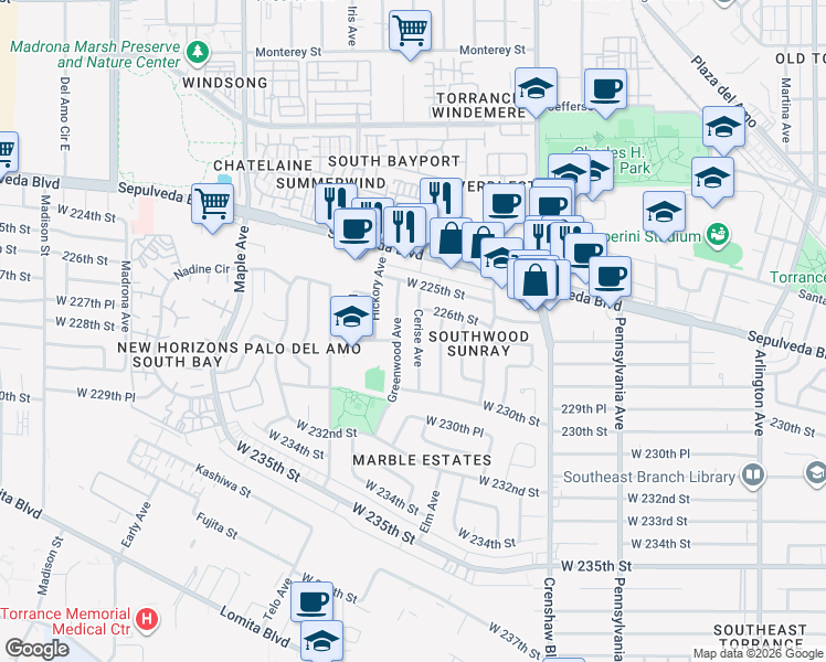 map of restaurants, bars, coffee shops, grocery stores, and more near 22627 Cerise Avenue in Torrance