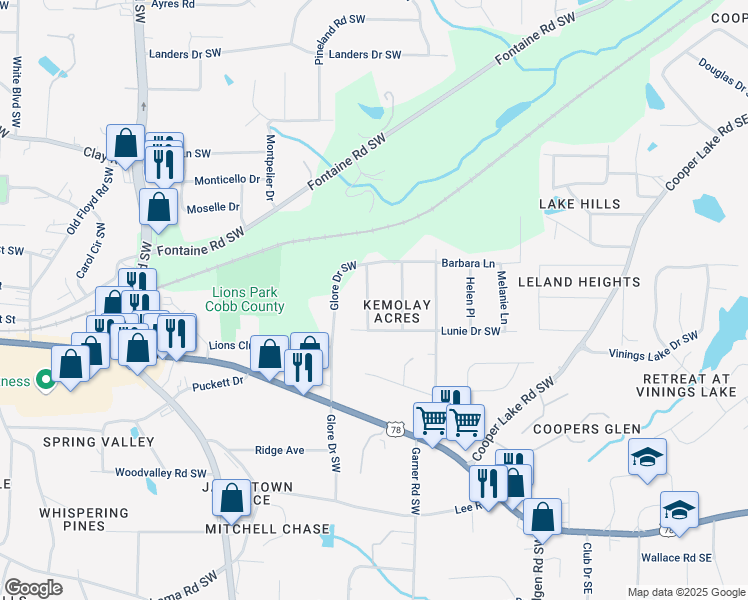 map of restaurants, bars, coffee shops, grocery stores, and more near 5481 Kemmie Lane in Mableton
