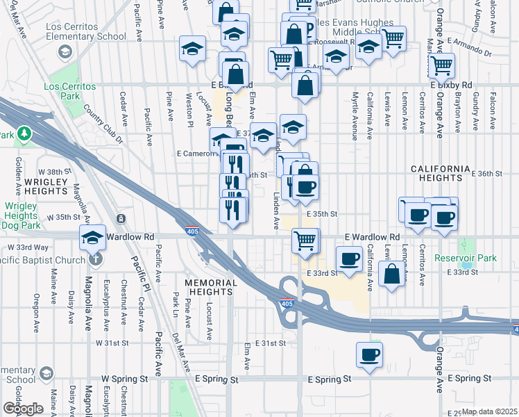 map of restaurants, bars, coffee shops, grocery stores, and more near in Long Beach