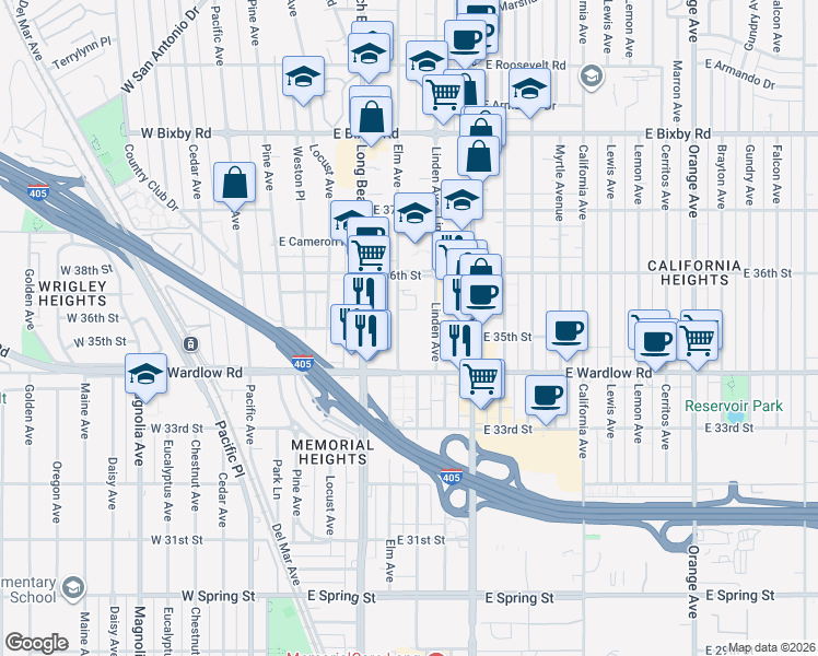map of restaurants, bars, coffee shops, grocery stores, and more near 3510 Elm Avenue in Long Beach