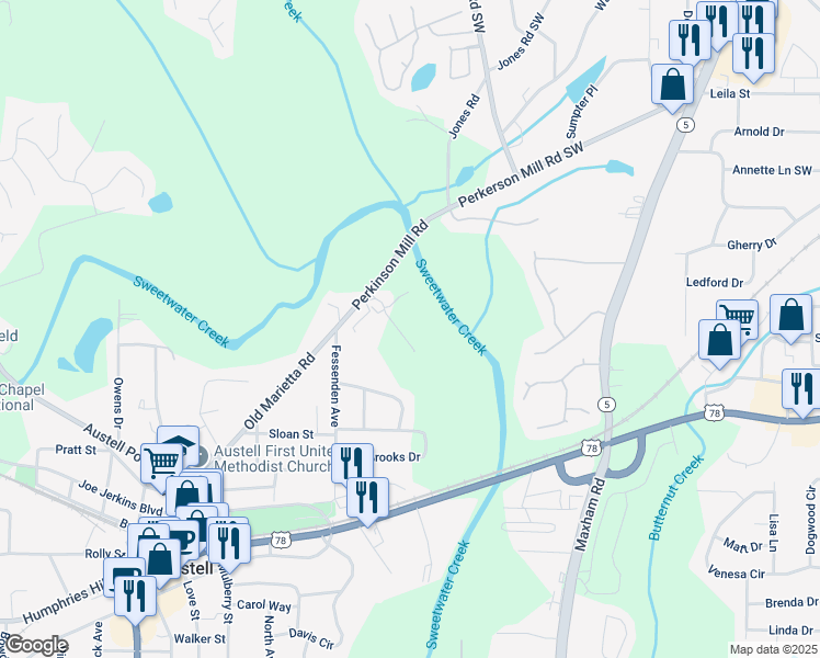 map of restaurants, bars, coffee shops, grocery stores, and more near 2431 Perkerson Mill Road Southwest in Austell